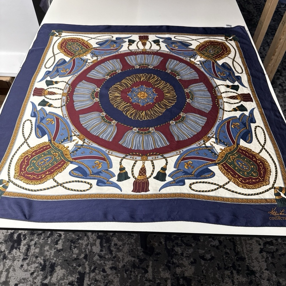VTG Kathy Lee Collection %100 Silk Square Blue Gold Scarf 35" Equestrian Luxury